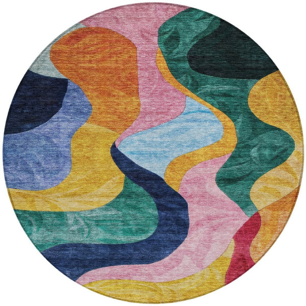 Homeroots 3' Abstract Washable Indoor Outdoor Area Rug In Green, Orange, And Pink – Stylish & Durable Decor 8' Round Polyester 604452