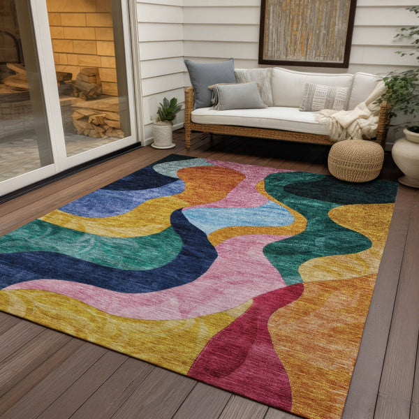 Homeroots 3' Abstract Washable Indoor Outdoor Area Rug In Green, Orange, And Pink – Stylish & Durable Decor 9' X 12' Polyester 604454