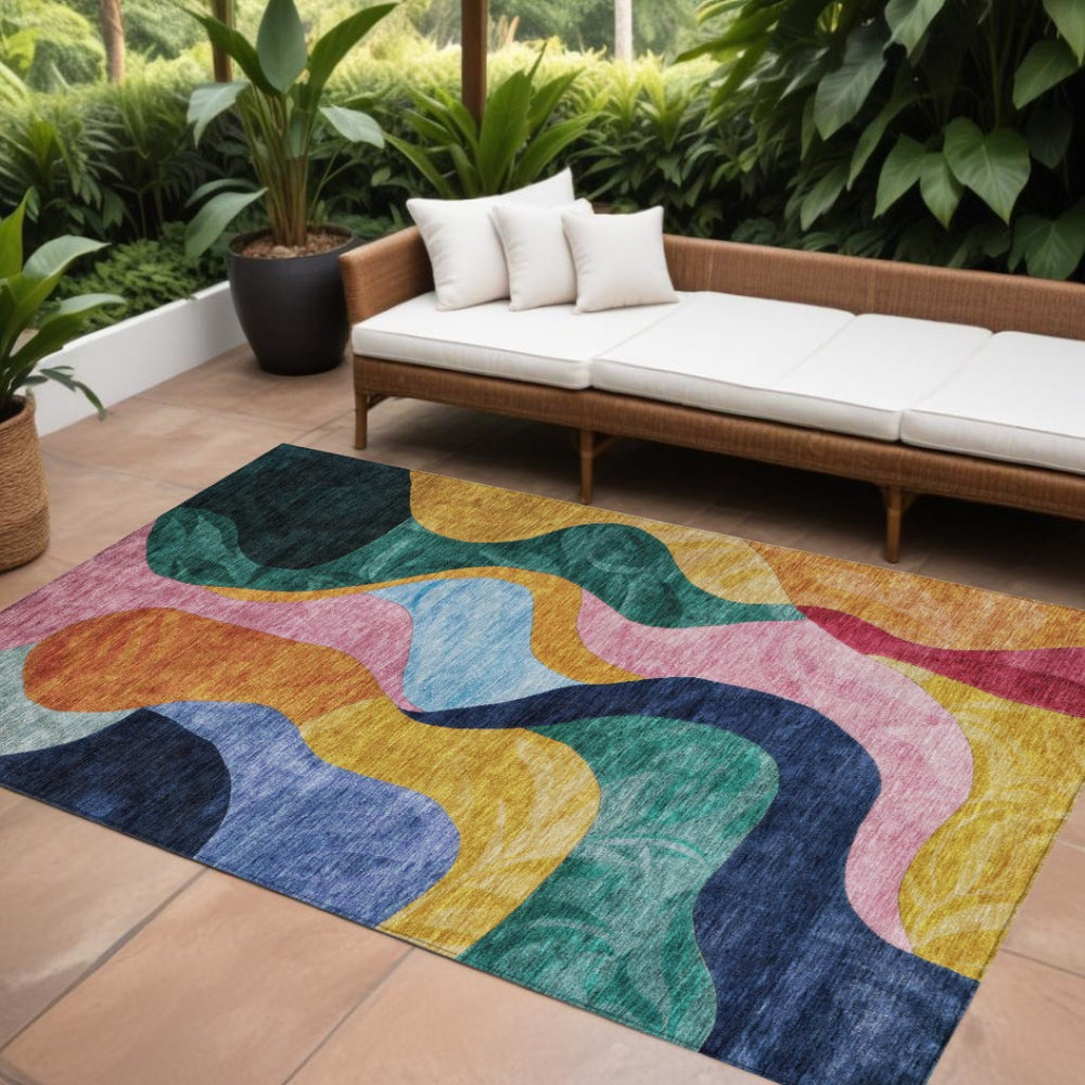 HomeRoots 5' Vibrant Abstract Washable Indoor Outdoor Area Rug in Green, Orange & Pink – Easy Care & Durable 10' X 14' 604455