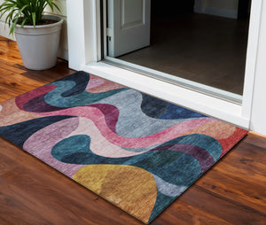 Homeroots 3' Abstract Washable Indoor Outdoor Area Rug In Green, Pink, And Gray – Durable, Stylish, Versatile 3' X 5' Polyester 604456