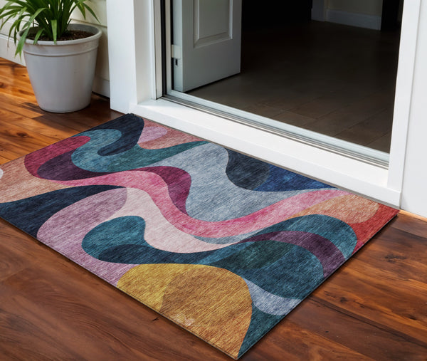 Homeroots 3' Abstract Washable Indoor Outdoor Area Rug In Green, Pink, And Gray – Durable, Stylish, Versatile 3' X 5' Polyester 604456