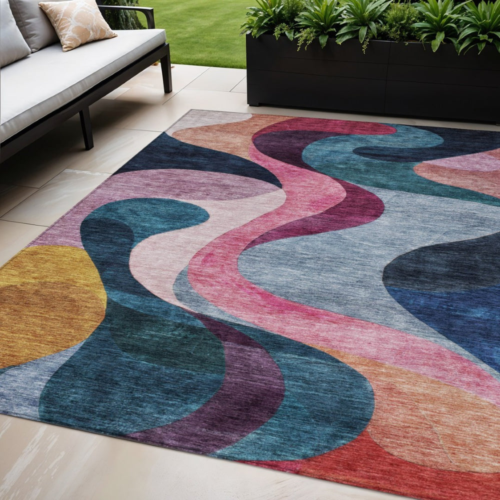 HomeRoots 5' Vibrant Abstract Indoor Outdoor Area Rug in Green, Pink & Teal Blue - Washable, Durable Design! 5' X 8' 604457