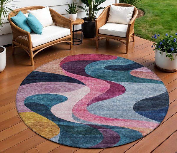 Homeroots 3' Abstract Washable Indoor Outdoor Area Rug In Green, Pink, And Gray – Durable, Stylish, Versatile 8' Round Polyester 604458