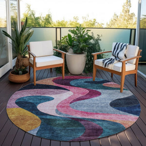 Homeroots 3' Abstract Washable Indoor Outdoor Area Rug In Green, Pink, And Gray – Durable, Stylish, Versatile 8' Round Polyester 604458