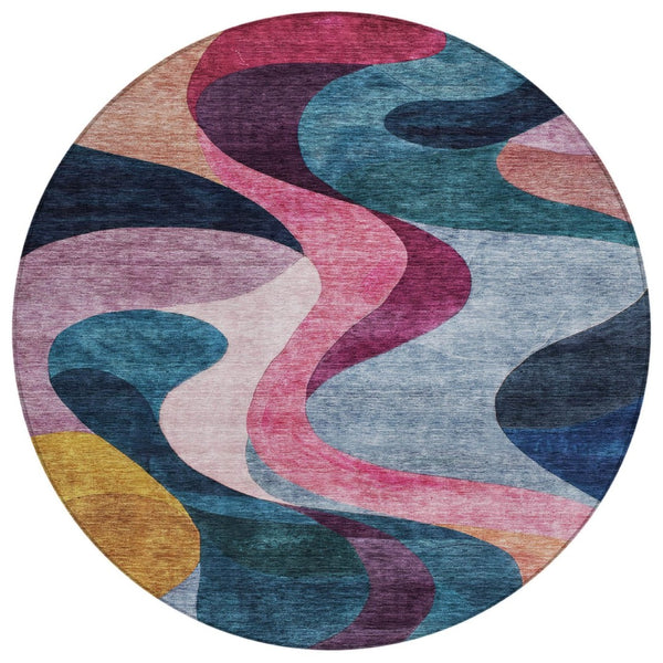 HomeRoots 5' Vibrant Abstract Indoor Outdoor Area Rug in Green, Pink & Teal Blue - Washable, Durable Design! 8' Round 604458