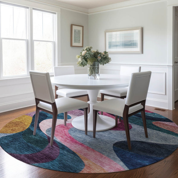 Homeroots 3' Abstract Washable Indoor Outdoor Area Rug In Green, Pink, And Gray – Durable, Stylish, Versatile 8' Round Polyester 604458