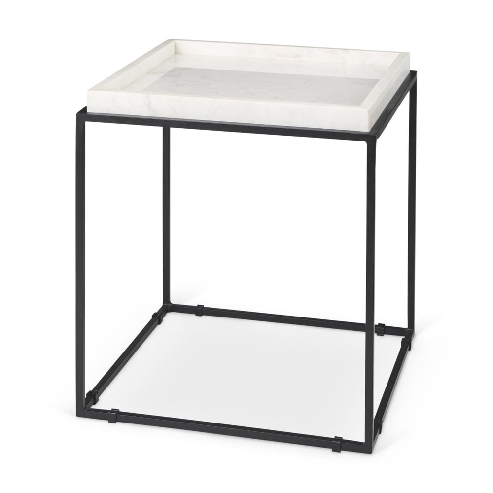 HomeRoots 20" Marble Top End Table with Black Metal Frame – Modern Geometric Accent for Living Spaces 604462