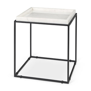 HomeRoots 20" Marble Top End Table with Black Metal Frame – Modern Geometric Accent for Living Spaces 604462