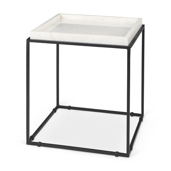 HomeRoots 20" Marble Top End Table with Black Metal Frame – Modern Geometric Accent for Living Spaces 604462