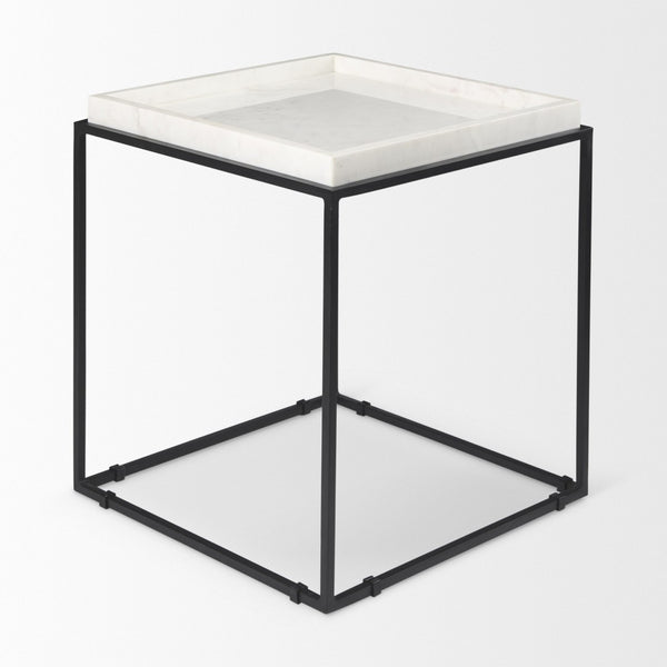HomeRoots 20" Marble Top End Table with Black Metal Frame – Modern Geometric Accent for Living Spaces 604462