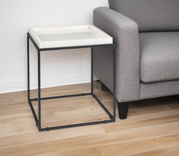 HomeRoots 20" Marble Top End Table with Black Metal Frame – Modern Geometric Accent for Living Spaces 604462