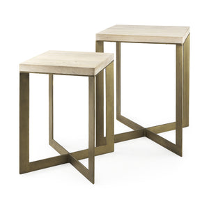 Homeroots Set Of Two Stylish Natural And Gold Solid Wood Nested Tables With Unique Cross Legs Design   604463