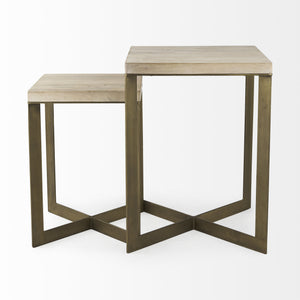 Homeroots Set Of Two Stylish Natural And Gold Solid Wood Nested Tables With Unique Cross Legs Design   604463
