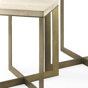 Homeroots Set Of Two Stylish Natural And Gold Solid Wood Nested Tables With Unique Cross Legs Design   604463