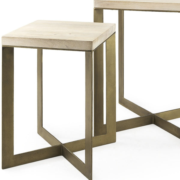 Homeroots Set Of Two Stylish Natural And Gold Solid Wood Nested Tables With Unique Cross Legs Design   604463