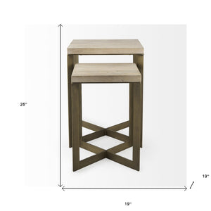 Homeroots Set Of Two Stylish Natural And Gold Solid Wood Nested Tables With Unique Cross Legs Design   604463