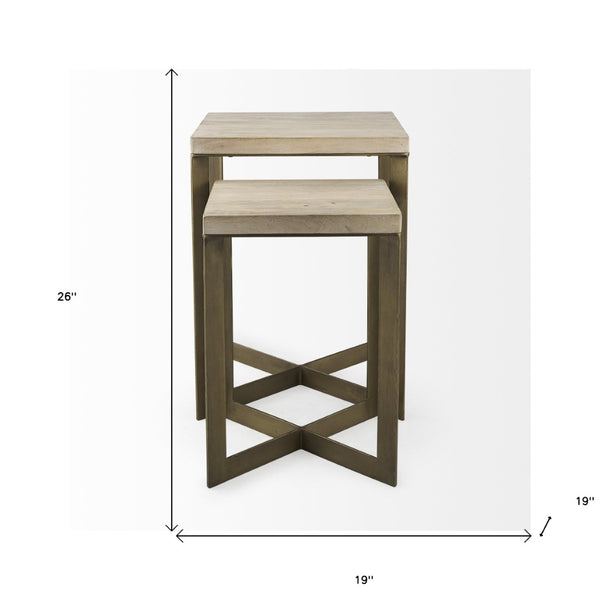 Homeroots Set Of Two Stylish Natural And Gold Solid Wood Nested Tables With Unique Cross Legs Design   604463