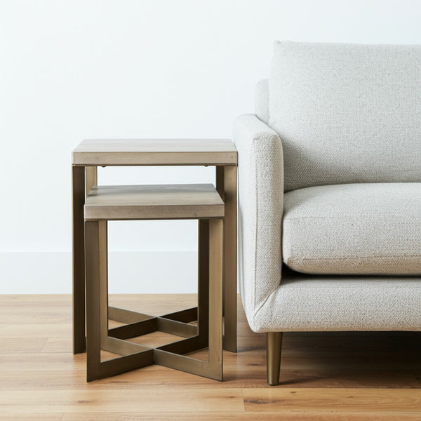 HomeRoots Set of Two Modern Nested Tables with Natural Wood and Gold Metal Base for Stylish Living Spaces 604463