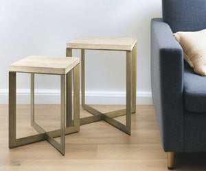 Homeroots Set Of Two Stylish Natural And Gold Solid Wood Nested Tables With Unique Cross Legs Design   604463