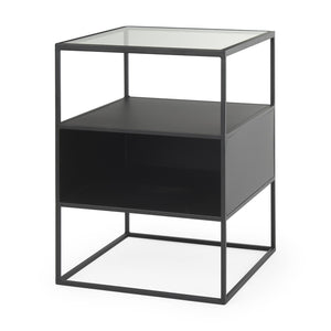 HomeRoots 21" Modern Clear Glass & Black Metal End Table with 2 Shelves – Stylish, Space-Saving Design! 604465