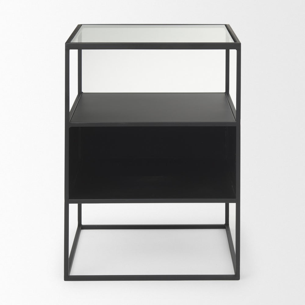 HomeRoots 21" Modern Clear Glass & Black Metal End Table with 2 Shelves – Stylish, Space-Saving Design! 604465