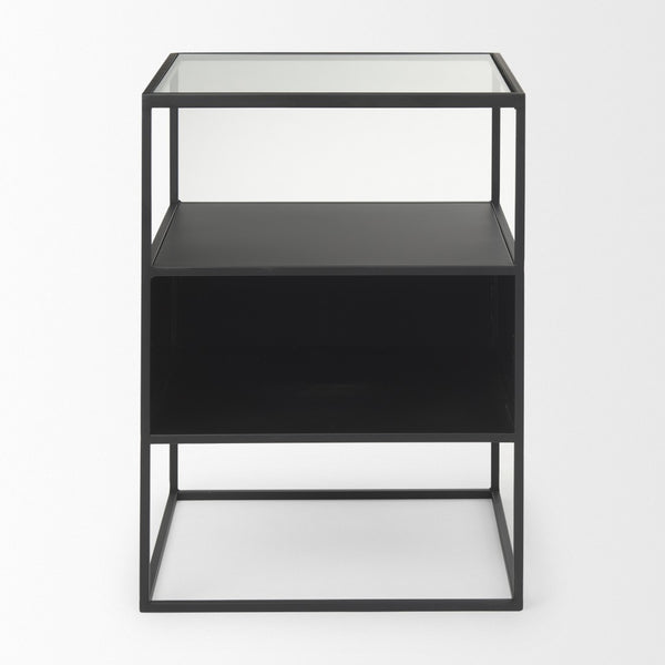 HomeRoots 21" Modern Clear Glass & Black Metal End Table with 2 Shelves – Stylish, Space-Saving Design! 604465