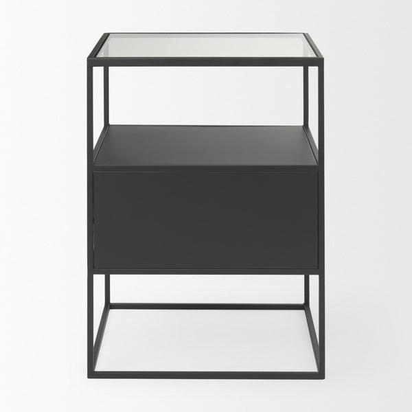 HomeRoots 21" Modern Clear Glass & Black Metal End Table with 2 Shelves – Stylish, Space-Saving Design! 604465