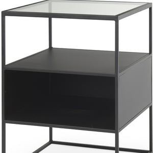 HomeRoots 21" Modern Clear Glass & Black Metal End Table with 2 Shelves – Stylish, Space-Saving Design! 604465