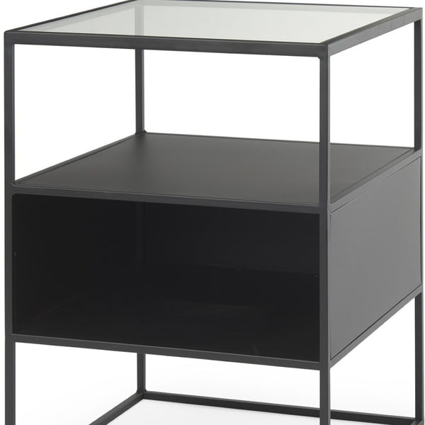 HomeRoots 21" Modern Clear Glass & Black Metal End Table with 2 Shelves – Stylish, Space-Saving Design! 604465