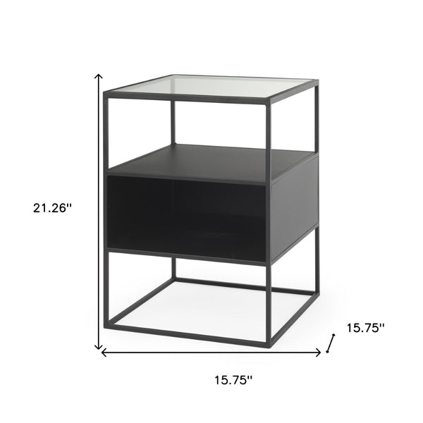 HomeRoots 21" Modern Clear Glass & Black Metal End Table with 2 Shelves – Stylish, Space-Saving Design! 604465