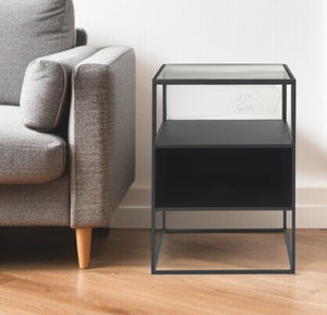 HomeRoots 21" Modern Clear Glass & Black Metal End Table with 2 Shelves – Stylish, Space-Saving Design! 604465