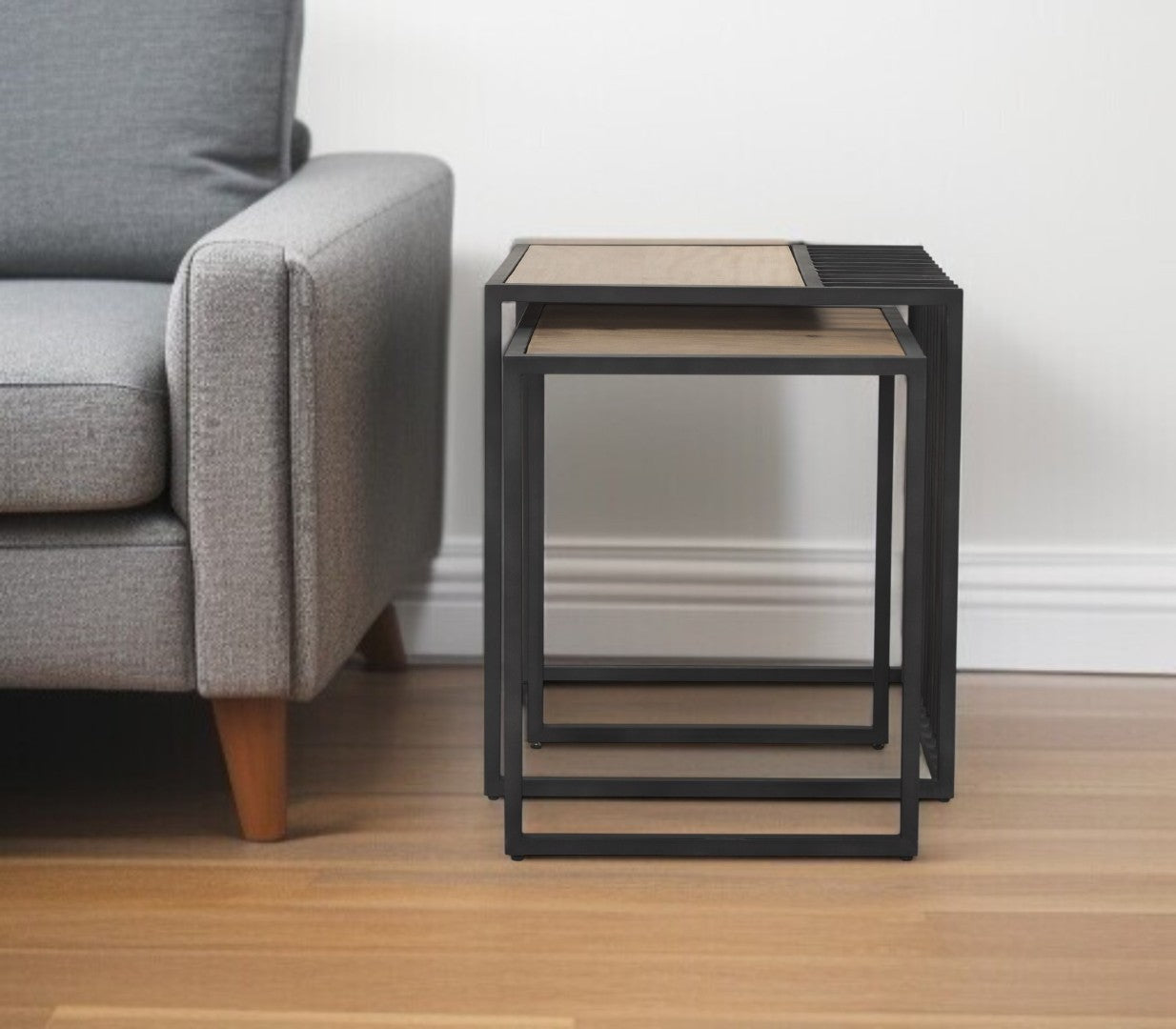 Set of Two Natural & Black Solid Wood Nested Tables - Stylish Space-Sa