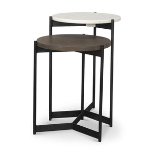 HomeRoots Set of Two Elegant Dark Brown and Black Marble Round Nested Tables with Solid Wood and Metal Base 604467