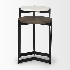 HomeRoots Set of Two Elegant Dark Brown and Black Marble Round Nested Tables with Solid Wood and Metal Base 604467