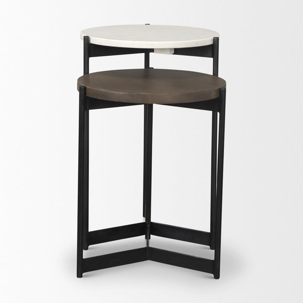 HomeRoots Set of Two Elegant Dark Brown and Black Marble Round Nested Tables with Solid Wood and Metal Base 604467