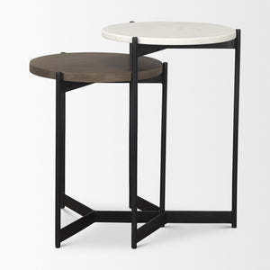 HomeRoots Set of Two Elegant Dark Brown and Black Marble Round Nested Tables with Solid Wood and Metal Base 604467