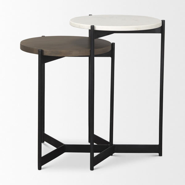 HomeRoots Set of Two Elegant Dark Brown and Black Marble Round Nested Tables with Solid Wood and Metal Base 604467
