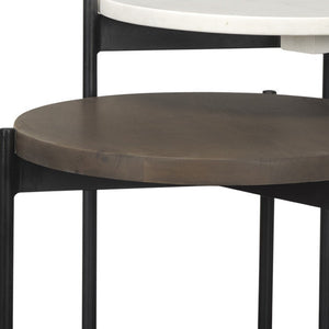 HomeRoots Set of Two Elegant Dark Brown and Black Marble Round Nested Tables with Solid Wood and Metal Base 604467