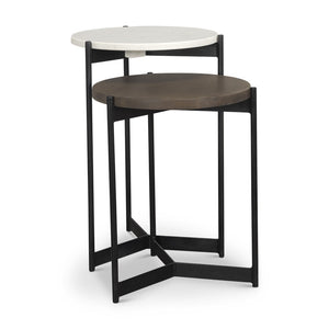 HomeRoots Set of Two Elegant Dark Brown and Black Marble Round Nested Tables with Solid Wood and Metal Base 604467