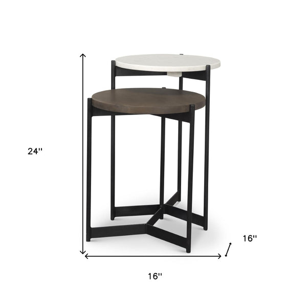 HomeRoots Set of Two Elegant Dark Brown and Black Marble Round Nested Tables with Solid Wood and Metal Base 604467