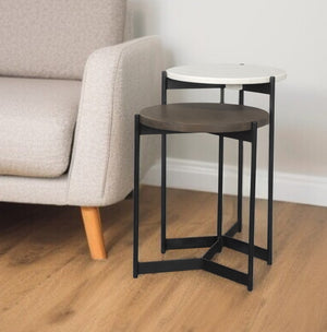 HomeRoots Set of Two Elegant Dark Brown and Black Marble Round Nested Tables with Solid Wood and Metal Base 604467