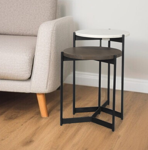 HomeRoots Set of Two Elegant Dark Brown and Black Marble Round Nested Tables with Solid Wood and Metal Base 604467
