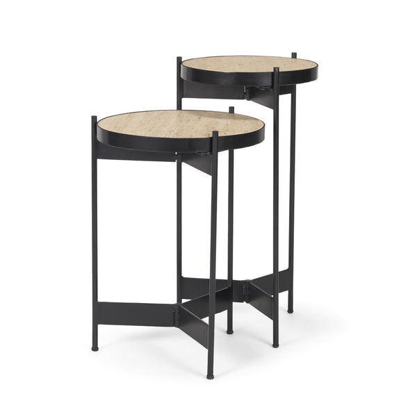 HomeRoots Set of Two Elegant Brown Marble & Black Metal Nested Tables for Versatile Living Room Decor 604468