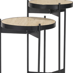 HomeRoots Set of Two Elegant Brown Marble & Black Metal Nested Tables for Versatile Living Room Decor 604468