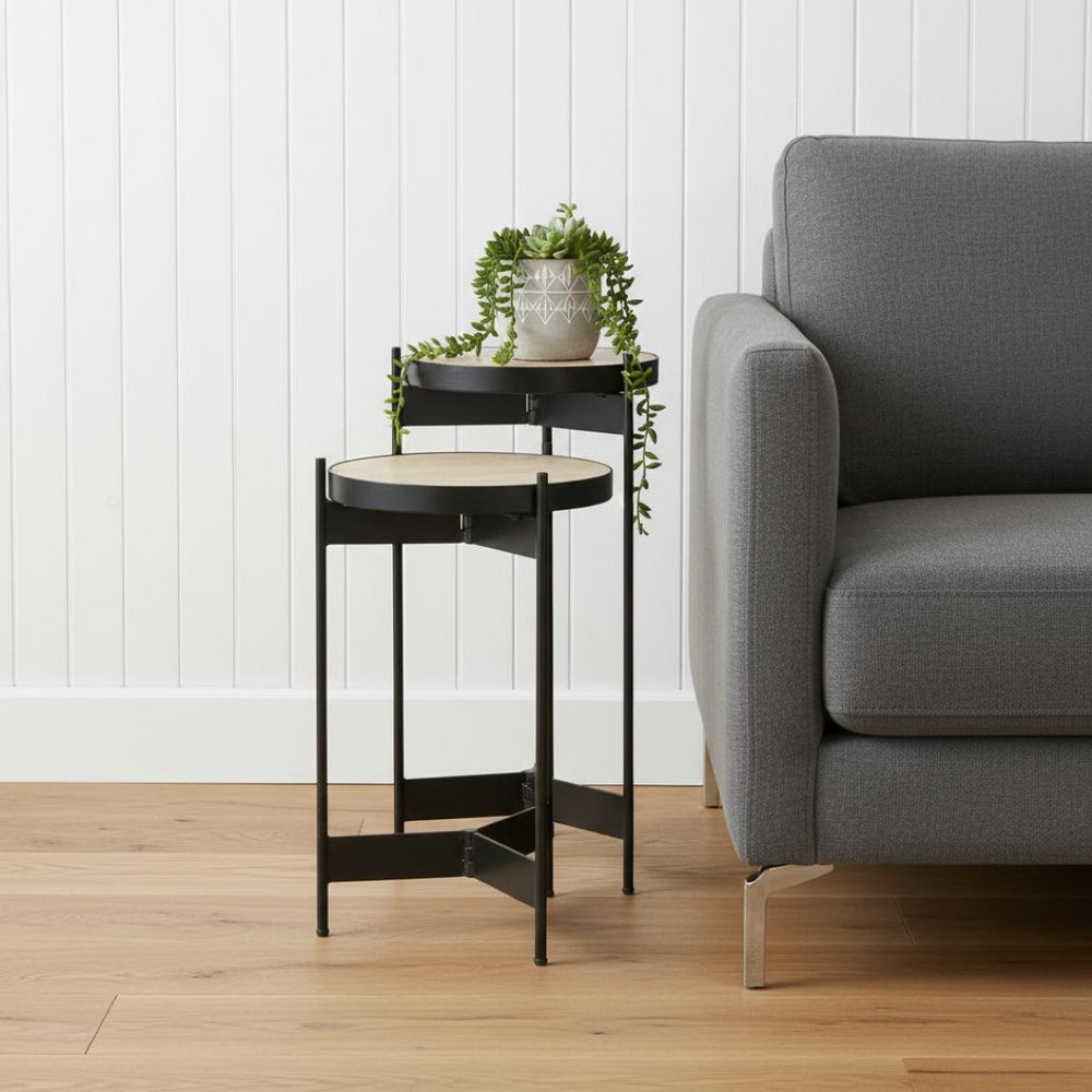 HomeRoots Set of Two Elegant Brown Marble & Black Metal Nested Tables for Versatile Living Room Decor 604468