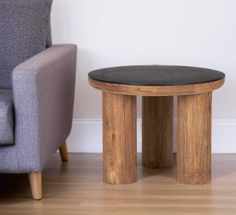 HomeRoots 18" Rustic Brown and Black Reclaimed Wood Round End Table – Stylish Vintage Charm for Any Room 604469