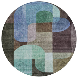 HomeRoots 5' Abstract Washable Indoor Outdoor Area Rug in Brown, Blue & Green - Durable & Stylish Décor Addition 8' Round 604472