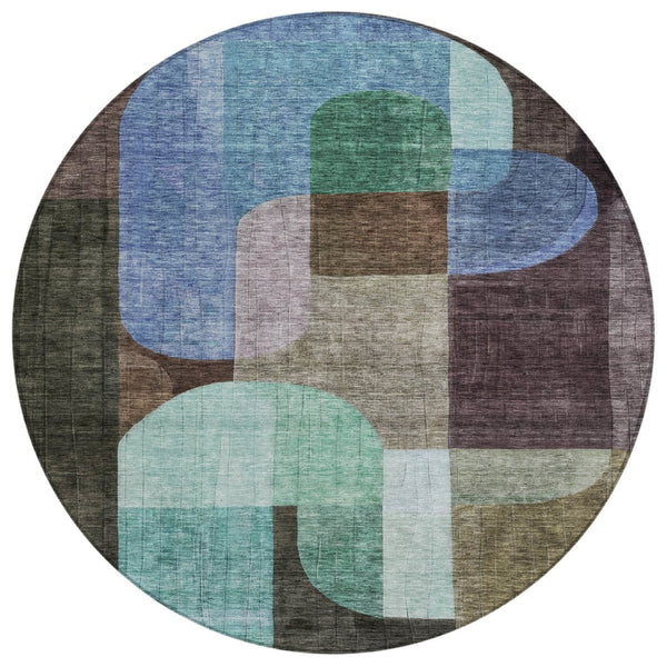 HomeRoots 5' Abstract Washable Indoor Outdoor Area Rug in Brown, Blue & Green - Durable & Stylish Décor Addition 8' Round 604472
