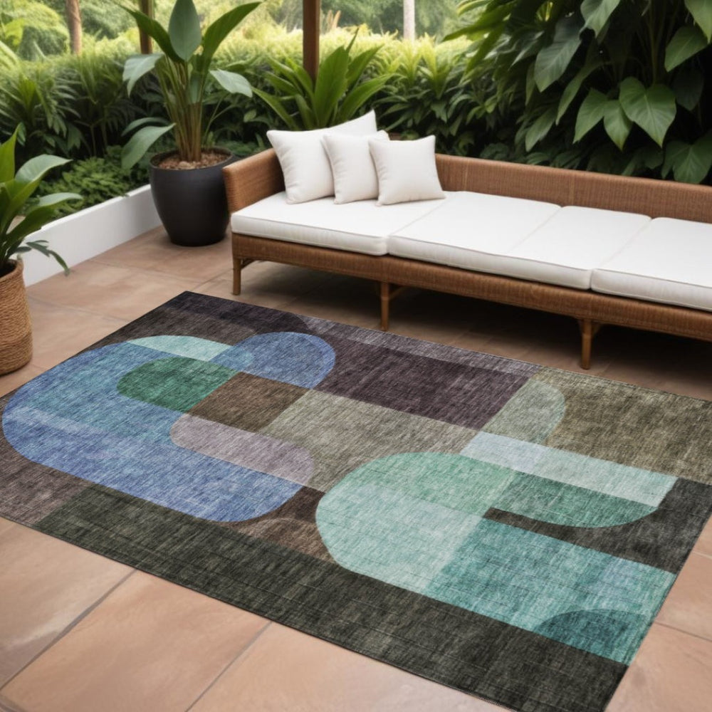 HomeRoots 5' Abstract Washable Indoor Outdoor Area Rug in Brown, Blue & Green - Durable & Stylish Décor Addition 10' X 14' 604475