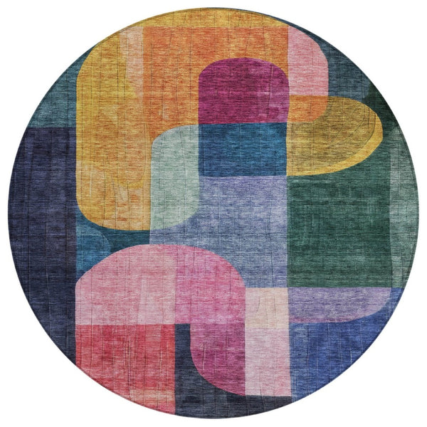 HomeRoots 5' Green Copper and Pink Abstract Area Rug - Stylish, Washable, Indoor/Outdoor, Durable Design 8' Round 604478